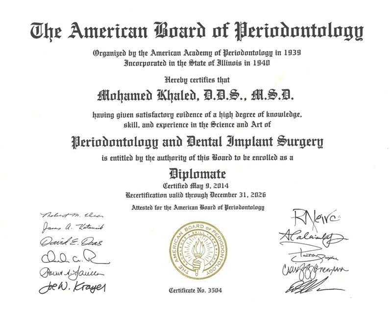 Dr. Mohamed Khaled's Diplomate certificate from the American Board of Periodontology